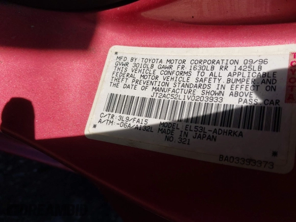 1997 Toyota Tercel CE z VIN JT2AC52L1V0203933, wystawiony jako IAAI lot #42305049 z przebiegiem 97 939 mil mil oraz . Historia ofert i sprzedaży dostępna na DreamBid. Obrazek 9.