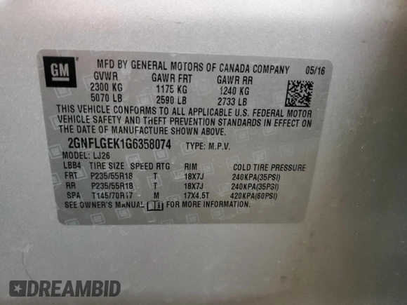 2016 Chevrolet Equinox LTZ with VIN 2GNFLGEK1G6358074, listed as a Copart auction lot 46803745 with 114,601 mi miles and Salvage Title. Bid and sale history available at carsss.com. Image 16.