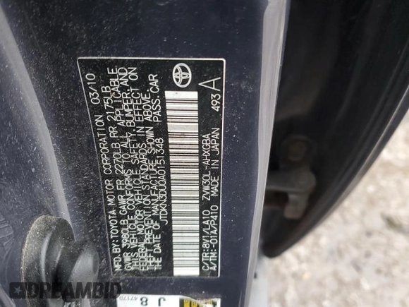 2010 Toyota Prius II with VIN JTDKN3DU0A0151348, listed as a Copart auction lot 48869465 with 117,056 mi miles and Salvage Title. Bid and sale history available at DreamBid. Image 12.