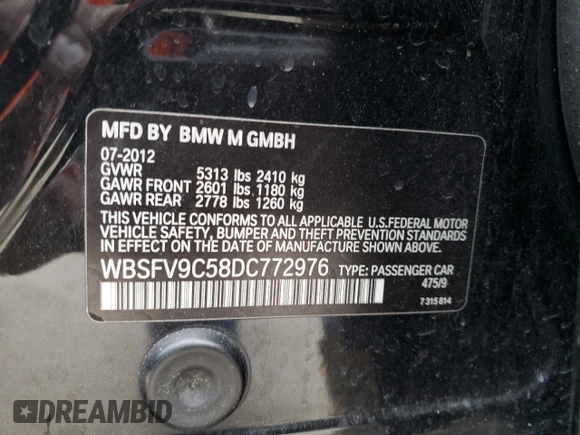 2013 BMW M5 with VIN WBSFV9C58DC772976, listed as a Copart auction lot 84523044 with 93,515 mi miles and Salvage Title. Bid and sale history available at carsss.com. Image 12.