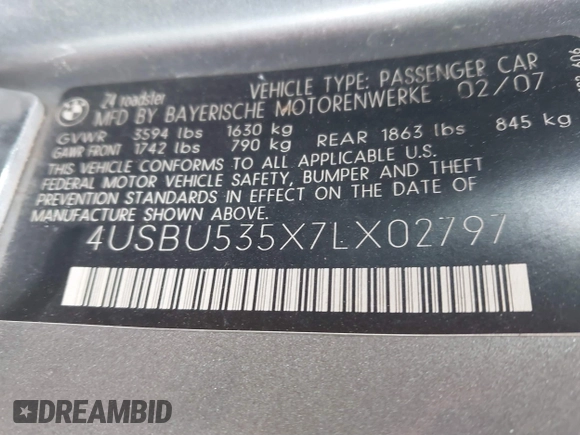 2007 BMW Z4 3.0si with VIN 4USBU535X7LX02797, listed as a IAAI auction lot 41520942 with 115,022 mi miles and . Bid and sale history available at DreamBid. Image 9.