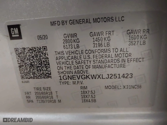 2020 Chevrolet Traverse LT Cloth with VIN 1GNEVGKWXLJ251423, listed as a IAAI auction lot 41650180 with 28,815 mi miles. Bid and sale history available at carsss.com. Image 9.