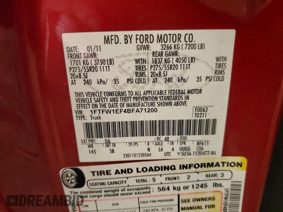 2011 Ford F-150 XL with VIN 1FTFW1EF4BFA71200, listed as a Copart auction lot 60295945 with 161,371 mi miles and Salvage title. Bid and sale history available at DreamBid. Image 13.