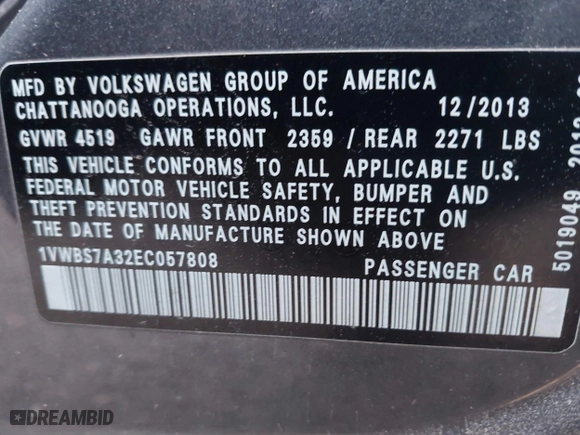 2014 Volkswagen Passat SE w/Sunroof with VIN 1VWBS7A32EC057808, listed as a IAAI auction lot 41208311 with 91,362 mi miles. Bid and sale history available at carsss.com. Image 9.