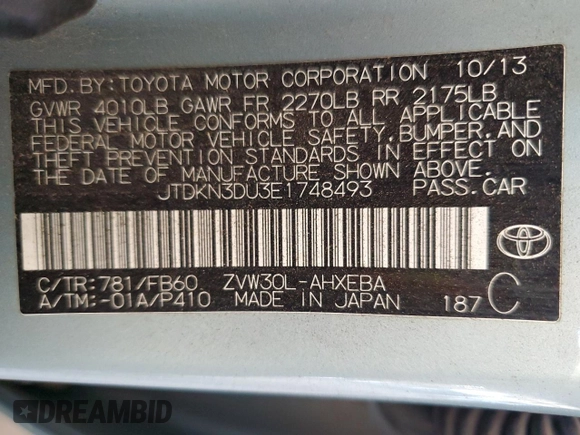 2014 Toyota Prius Four with VIN JTDKN3DU3E1748493, listed as a Copart auction lot 52780315 with 122,625 mi miles and Salvage Title. Bid and sale history available at DreamBid. Image 12.