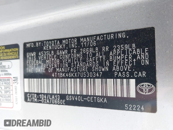 2007 Toyota Camry LE with VIN 4T1BK46KX7U530347, listed as a IAAI auction lot 42143487 with 254,337 mi miles and . Bid and sale history available at DreamBid. Image 9.