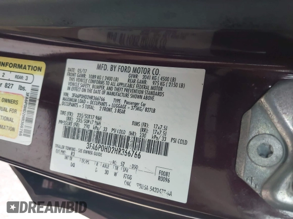 2017 Ford Fusion SE with VIN 3FA6P0HD2HR366766, listed as a IAAI auction lot 41568169 with 112,613 mi miles and . Bid and sale history available at DreamBid. Image 9.