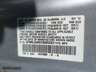 2012 Honda Odyssey Touring with VIN 5FNRL5H9XCB095283, listed as a IAAI auction lot 41479598 with NaN miles. Bid and sale history available at carsss.com. Image 9.
