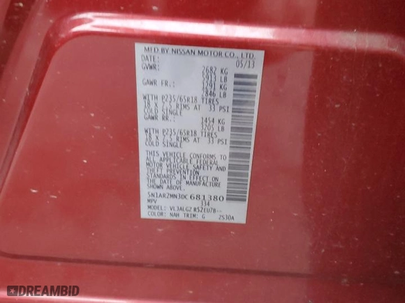2013 Nissan Pathfinder Platinum with VIN 5N1AR2MN3DC681380, listed as a Copart auction lot 84564694 with 153,115 mi miles and Clean Title. Bid and sale history available at carsss.com. Image 13.