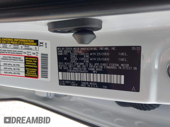2023 Toyota Highlander L with VIN 5TDKDRAH3PS044054, listed as a IAAI auction lot 42464813 with 38,681 mi miles and . Bid and sale history available at DreamBid. Image 9.