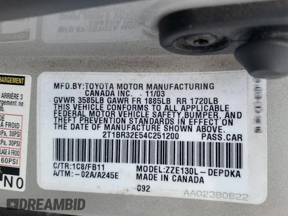 2004 Toyota Corolla CE with VIN 2T1BR32E54C251200, listed as a Copart auction lot 53679315 with 177,378 mi miles and Salvage Title. Bid and sale history available at DreamBid. Image 12.