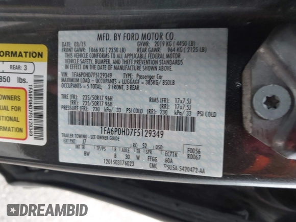 2015 Ford Fusion SE z VIN 1FA6P0HD7F5129349, wystawiony jako IAAI lot #42232873 z przebiegiem 204 635 mil mil oraz . Historia ofert i sprzedaży dostępna na DreamBid. Obrazek 9.