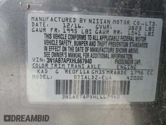 2017 Nissan Sentra SV with VIN 3N1AB7APXHL667940, listed as a Copart auction lot 51680625 with 140,638 mi miles and Salvage Title. Bid and sale history available at DreamBid. Image 14.
