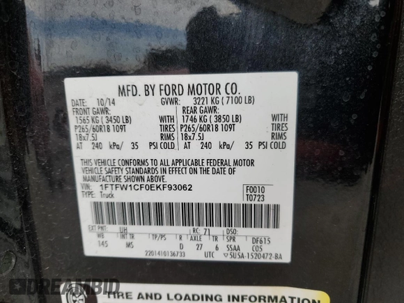 2014 Ford F-150 XL with VIN 1FTFW1CF0EKF93062, listed as a Copart auction lot 49416425 with 116,323 mi miles and Salvage Title. Bid and sale history available at carsss.com. Image 12.