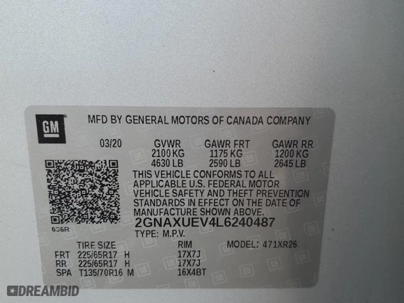 2020 Chevrolet Equinox LT with VIN 2GNAXUEV4L6240487, listed as a Copart auction lot 49124925 with 83,889 mi miles and Salvage Title. Bid and sale history available at carsss.com. Image 13.