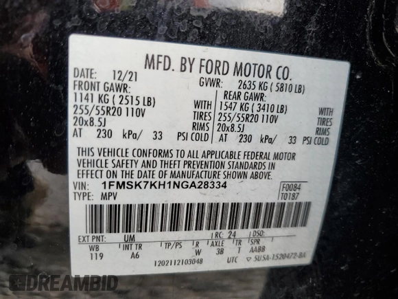 2022 Ford Explorer ST-Line with VIN 1FMSK7KH1NGA28334, listed as a Copart auction lot 75318684 with 44,802 mi miles and Salvage Title. Bid and sale history available at carsss.com. Image 15.