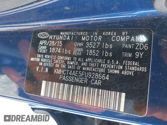 2015 Hyundai Accent GLS with VIN KMHCT4AE5FU928664, listed as a IAAI auction lot 41561742 with 100,844 mi miles and . Bid and sale history available at DreamBid. Image 9.
