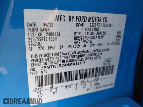 2022 Ford Mustang Mach-E Premium z VIN 3FMTK3R74NMA19496, wystawiony jako IAAI lot #42519774 z przebiegiem 19 880 mil mil oraz . Historia ofert i sprzedaży dostępna na DreamBid. Obrazek 9.