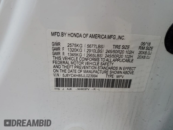 2018 Acura MDX Advance with VIN 5J8YD4H85JL023994, listed as a Copart auction lot 84027964 with 91,273 mi miles and Salvage Title. Bid and sale history available at DreamBid. Image 14.