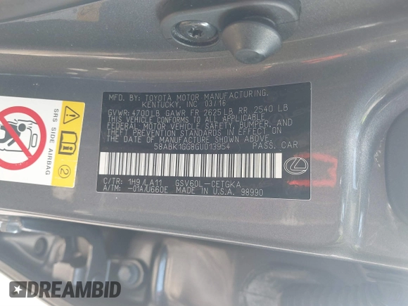 2016 Lexus ES 330 с VIN 58ABK1GG8GU013954, выставлен на аукционе IAAI как лот 41668366 с пробегом 102 273 миль миль и . История ставок и продаж доступна на DreamBid. Изображение 9.