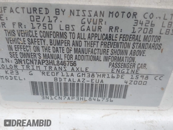 2017 Nissan Versa SV with VIN 3N1CN7AP3HL846756, listed as a IAAI auction lot 41930809 with 238,156 mi miles and . Bid and sale history available at DreamBid. Image 9.