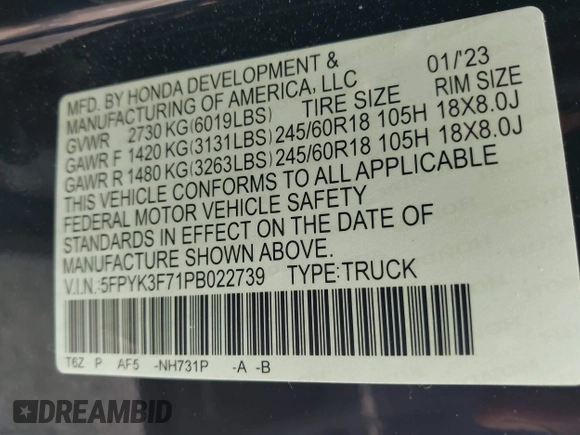 2023 Honda Ridgeline RTL-E with VIN 5FPYK3F71PB022739, listed as a IAAI auction lot 42447428 with 19,702 mi miles and . Bid and sale history available at DreamBid. Image 9.