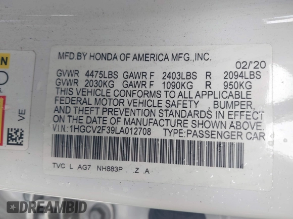2020 Honda Accord Sport with VIN 1HGCV2F39LA012708, listed as a IAAI auction lot 41783453 with 98,974 mi miles and . Bid and sale history available at DreamBid. Image 9.