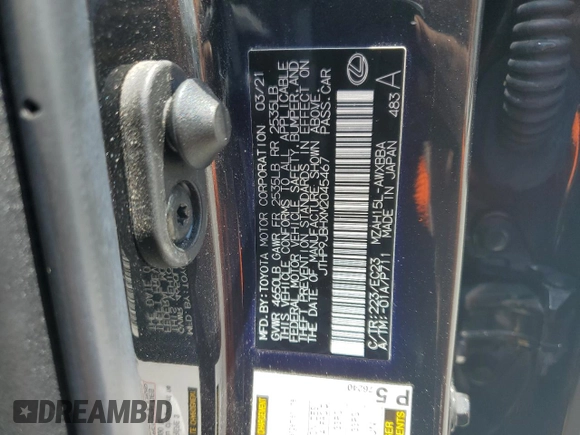 2021 Lexus UX 250h с VIN JTHP9JBHXM2045467, выставлен на аукционе Copart как лот 60781685 с пробегом 37 638 миль миль и Списание • Salvage title. История ставок и продаж доступна на DreamBid. Изображение 12.
