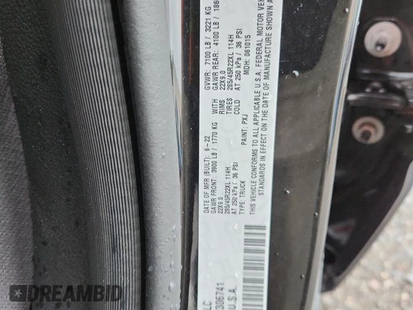 2022 Ram 1500 Limited with VIN 1C6SRFHT1NN306741, listed as a Copart auction lot 64632395 with Not provided miles and Salvage title. Bid and sale history available at DreamBid. Image 12.