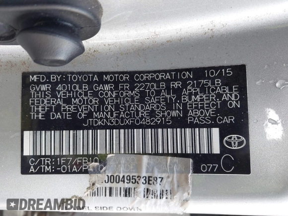 2015 Toyota Prius Four with VIN JTDKN3DUXF0482915, listed as a IAAI auction lot 41827372 with 125,830 mi miles. Bid and sale history available at carsss.com. Image 9.