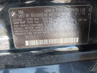 2011 BMW 3 Series 328i with VIN WBAPH5G58BNM75257, listed as a IAAI auction lot 41809324 with 103,244 mi miles. Bid and sale history available at carsss.com. Image 9.