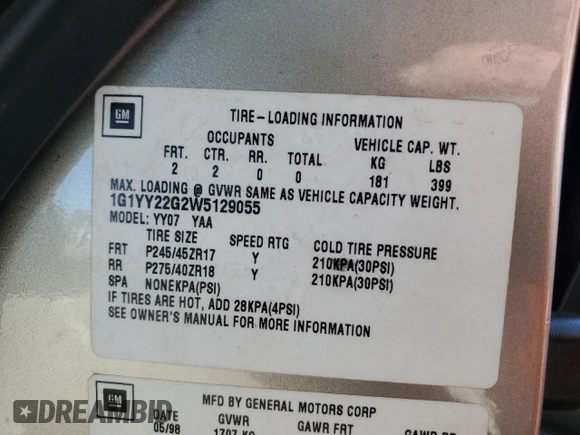 1998 Chevrolet Corvette with VIN 1G1YY22G2W5129055, listed as a Copart auction lot 69532274 with 121,529 mi miles and Salvage Title. Bid and sale history available at carsss.com. Image 13.