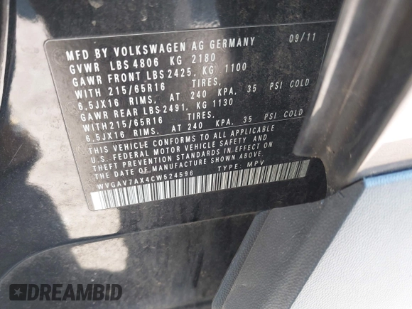 2012 Volkswagen Tiguan SEL with VIN WVGAV7AX4CW524596, listed as a IAAI auction lot 42042966 with 100,986 mi miles and . Bid and sale history available at DreamBid. Image 9.