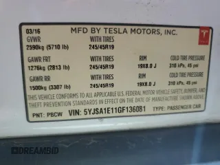 2016 Tesla Model S 70 with VIN 5YJSA1E11GF136081, listed as a Copart auction lot 53470695 with 109,796 mi miles and Clean title. Bid and sale history available at DreamBid. Image 13.
