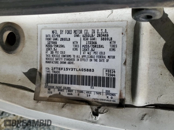 1996 Ford F-150 с VIN 1FTEF15Y3TLA05883, выставлен на аукционе Copart как лот 50356505 с пробегом 317 699 миль миль и Списание • Salvage title. История ставок и продаж доступна на DreamBid. Изображение 14.
