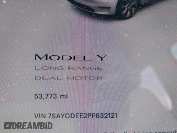2023 Tesla Model Y Long Range with VIN 7SAYGDEE2PF632121, listed as a IAAI auction lot 41798780 with 53,773 mi miles. Bid and sale history available at carsss.com. Image 15.