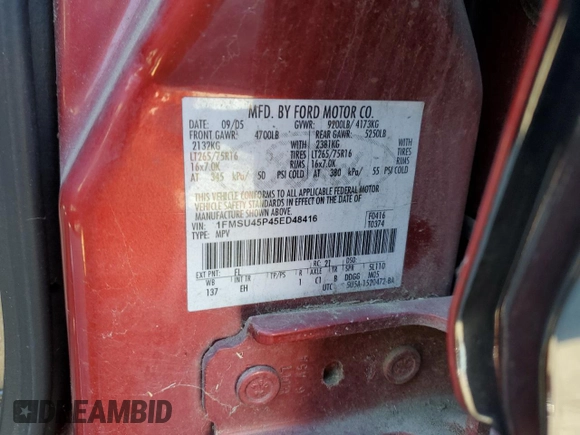2005 Ford Excursion Eddie Bauer с VIN 1FMSU45P45ED48416, выставлен на аукционе Copart как лот 82847844 с пробегом 190 717 миль миль и Чистый • Clean title. История ставок и продаж доступна на DreamBid. Изображение 12.