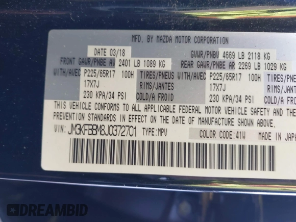 2018 Mazda CX-5 Sport with VIN JM3KFBBM8J0372701, listed as a IAAI auction lot 41643531 with 85,886 mi miles. Bid and sale history available at carsss.com. Image 9.