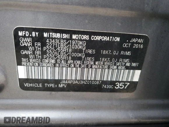 2017 Mitsubishi Outlander ES z VIN JA4AP3AU3HZ010087, wystawiony jako Copart lot #41060854 z przebiegiem 127 327 mil mil oraz Szkoda całkowita • Salvage title. Historia ofert i sprzedaży dostępna na DreamBid. Obrazek 14.
