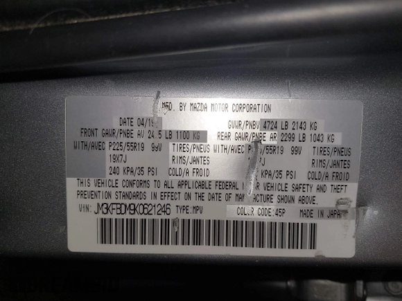 2019 Mazda CX-5 Grand Touring with VIN JM3KFBDM9K0621246, listed as a IAAI auction lot 42005391 with 45,687 mi miles. Bid and sale history available at carsss.com. Image 9.
