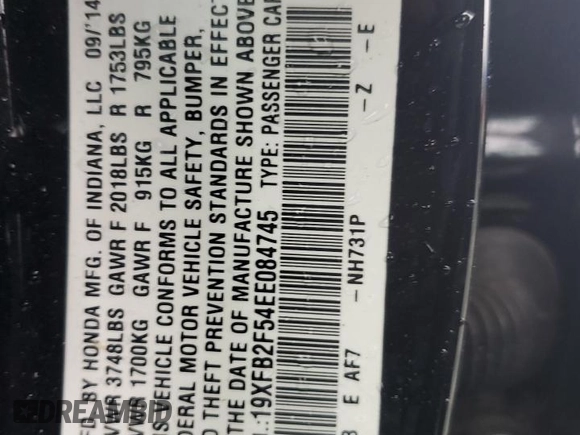 2014 Honda Civic Sedan LX with VIN 19XFB2F54EE084745, listed as a Copart auction lot 44954865 with Not Provided miles and Salvage Title. Bid and sale history available at carsss.com. Image 15.