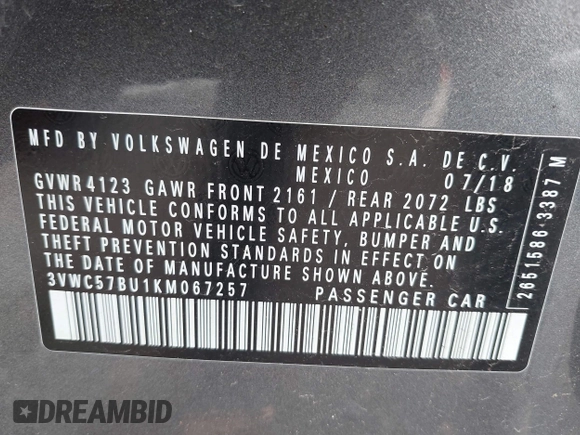 2019 Volkswagen Jetta S с VIN 3VWC57BU1KM067257, выставлен на аукционе IAAI как лот 42205058 с пробегом 149 337 миль миль и . История ставок и продаж доступна на DreamBid. Изображение 9.