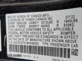 2022 Honda Civic Sedan Sport with VIN 2HGFE2F51NH596900, listed as a Copart auction lot 51156205 with 41,229 mi miles and Non Repairable. Bid and sale history available at carsss.com. Image 12.