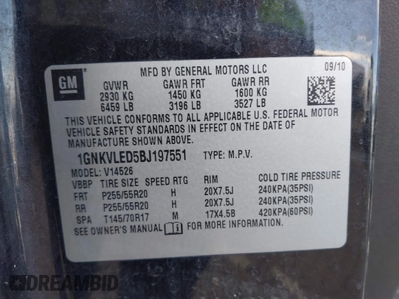 2011 Chevrolet Traverse LTZ with VIN 1GNKVLED5BJ197551, listed as a IAAI auction lot 41800519 with 205,771 mi miles and . Bid and sale history available at DreamBid. Image 9.