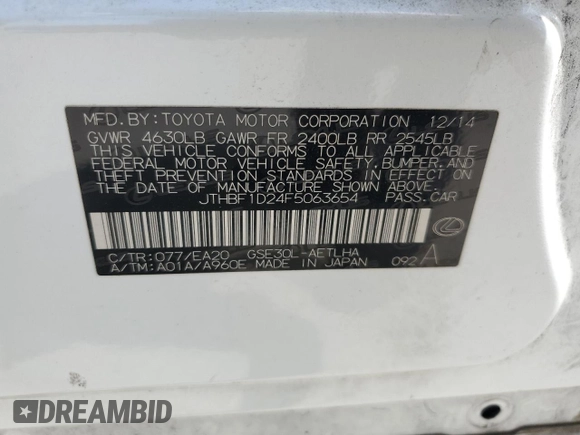 2015 Lexus IS 250 with VIN JTHBF1D24F5063654, listed as a Copart auction lot 60109015 with 110,589 mi miles and Salvage title. Bid and sale history available at DreamBid. Image 13.