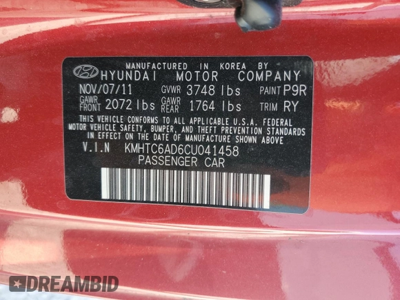 2012 Hyundai Veloster w/Gray Int with VIN KMHTC6AD6CU041458, listed as a Copart auction lot 75748714 with Not provided miles and Non repairable. Bid and sale history available at DreamBid. Image 13.