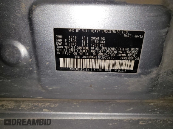 2015 Subaru Legacy Limited with VIN 4S3BNAN61F3073432, listed as a Copart auction lot 61977485 with 235,317 mi miles and Salvage title. Bid and sale history available at DreamBid. Image 12.