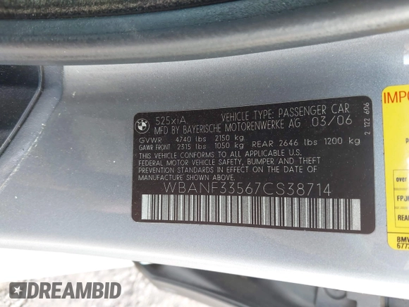 2007 BMW 5 Series with VIN WBANF33567CS38714, listed as a IAAI auction lot 42069445 with 208,449 mi miles and . Bid and sale history available at DreamBid. Image 9.