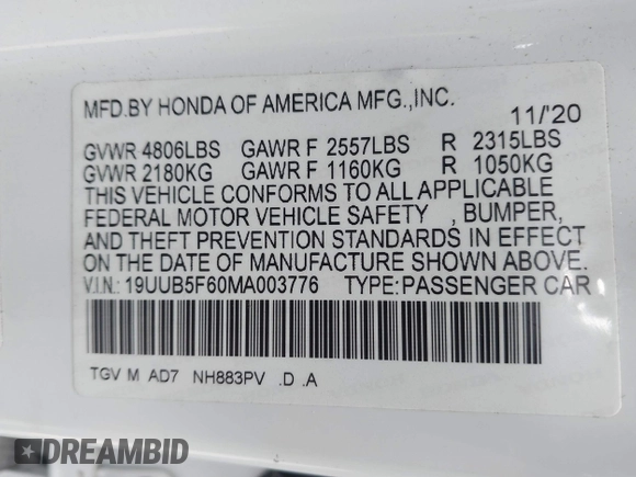 2021 Acura TLX w/Advance Package with VIN 19UUB5F60MA003776, listed as a IAAI auction lot 40692832 with 35,045 mi miles. Bid and sale history available at carsss.com. Image 9.