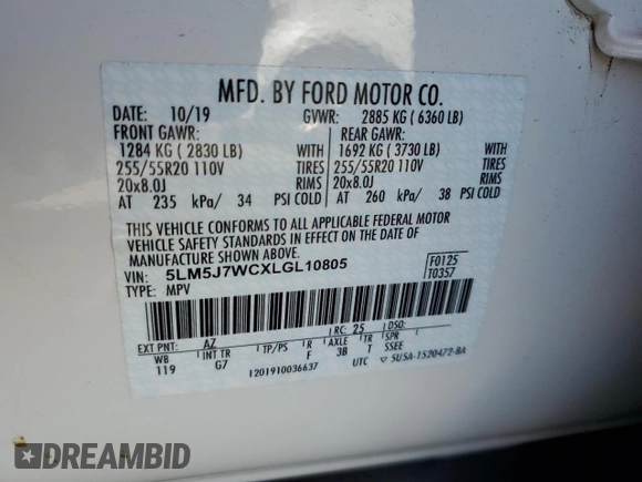 2020 Lincoln Aviator Reserve z VIN 5LM5J7WCXLGL10805, wystawiony jako Copart lot #56521375 z przebiegiem 53 729 mil mil oraz Szkoda całkowita • Salvage title. Historia ofert i sprzedaży dostępna na DreamBid. Obrazek 14.